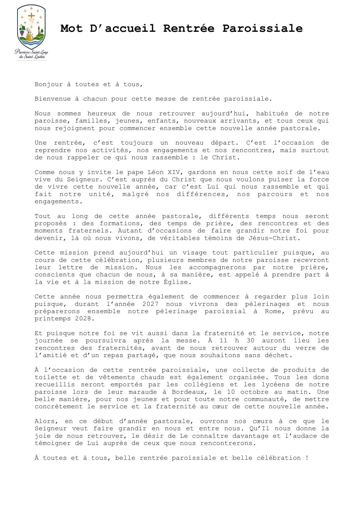 Mot d’accueil de la rentrée paroissiale 2026